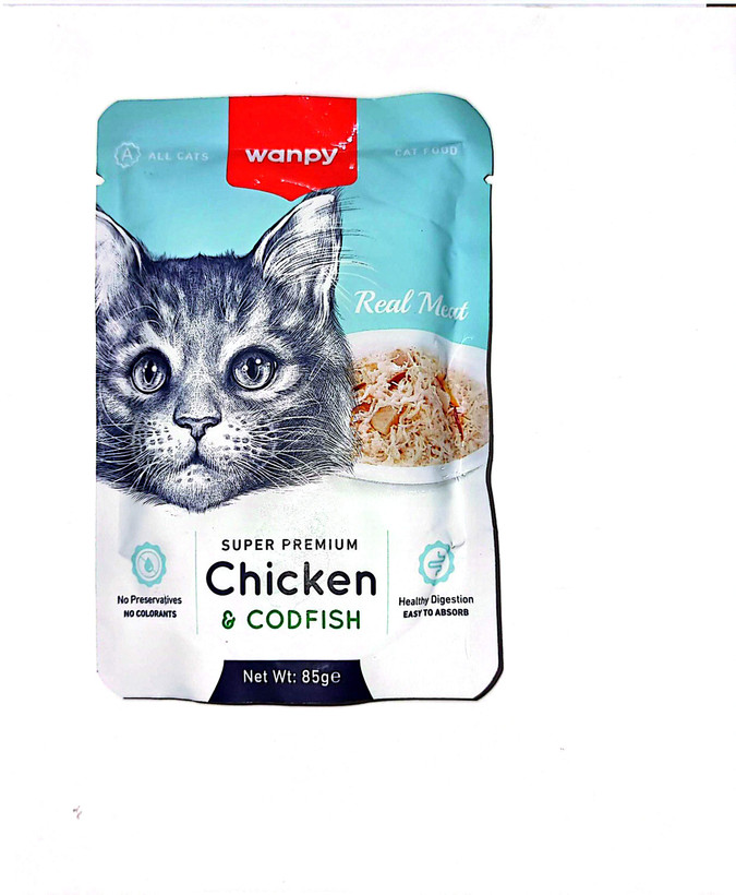 پوچ ۸۵ گرمی wanpy طعم مر غ و کادفیشsuper permium گربه بالغ