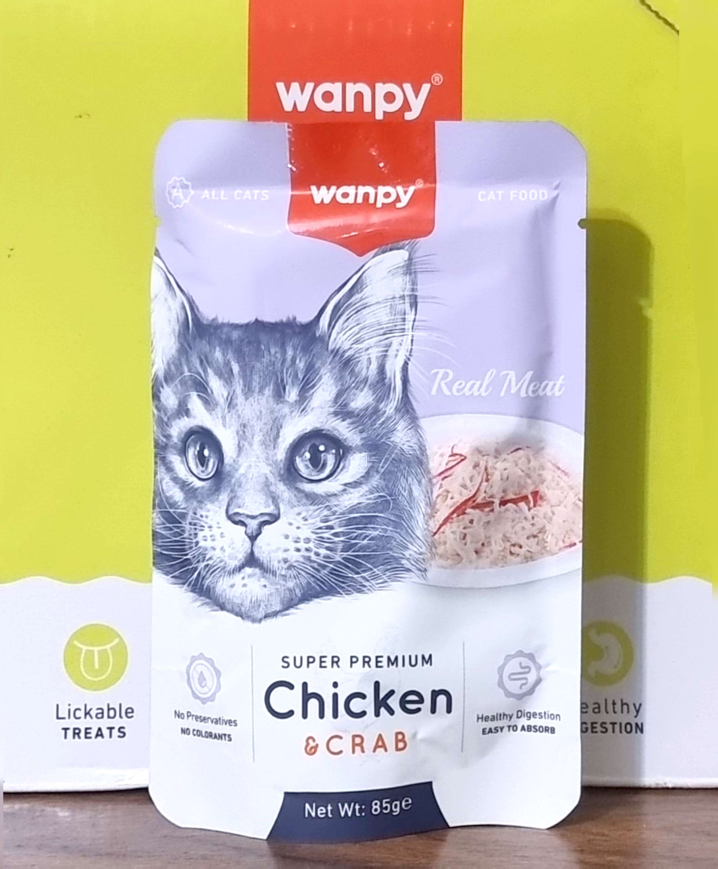 پوچ ۸۵ گرمی wanpy با طعم مرغ و خرچنگ گربه super premium