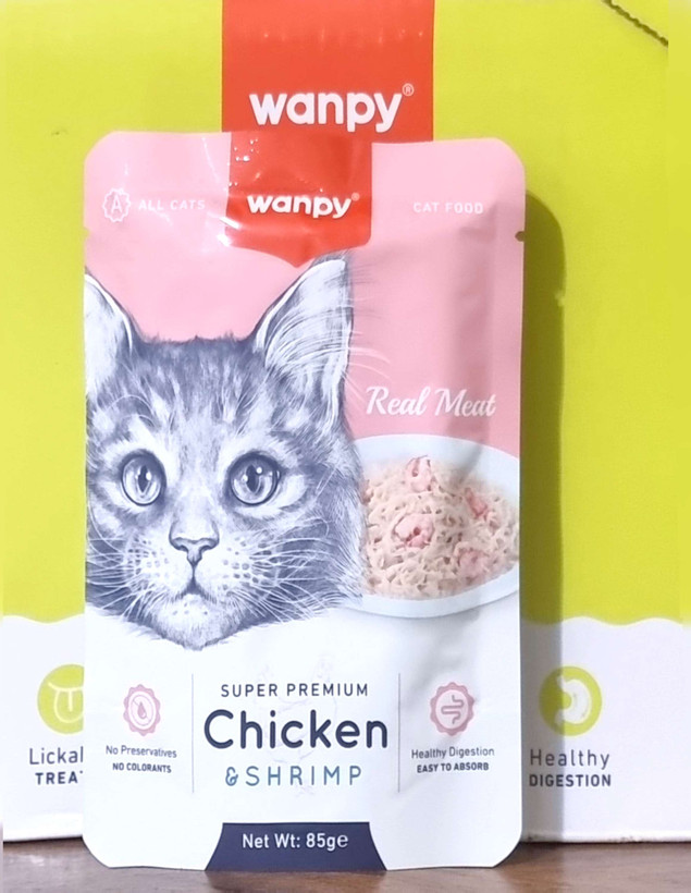 پوچ ۸۵ گرمی wanpy با طعم مرغ و میگو super premium گربه