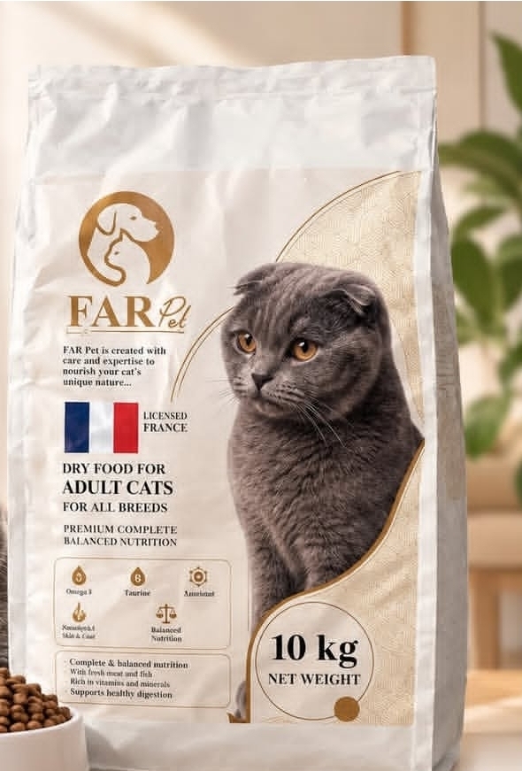 غذای خشک گربه بالغ Far pet در بسته بندی یک کیلویی زیپ کیپ