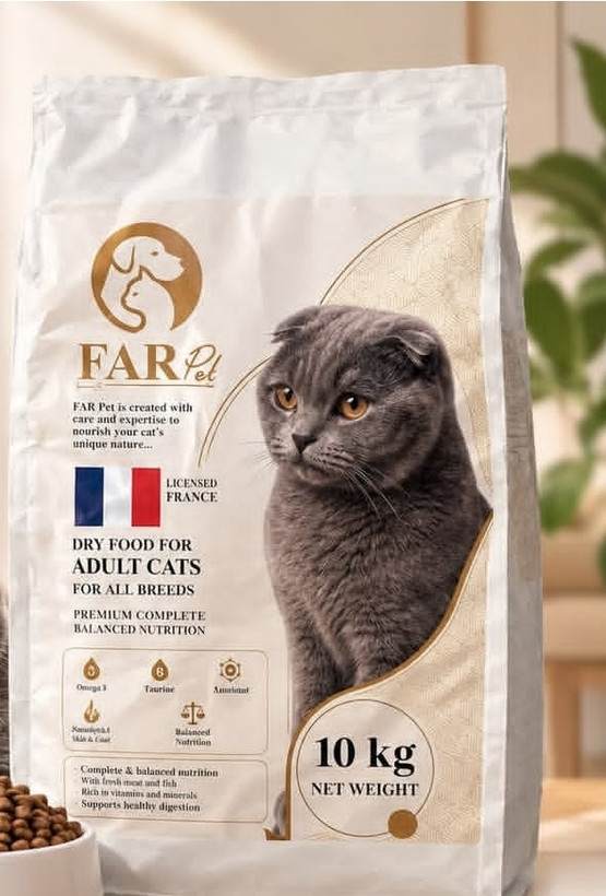 غذای خشک گربه بالغ Far pet در بسته بندی یک کیلویی زیپ کیپ